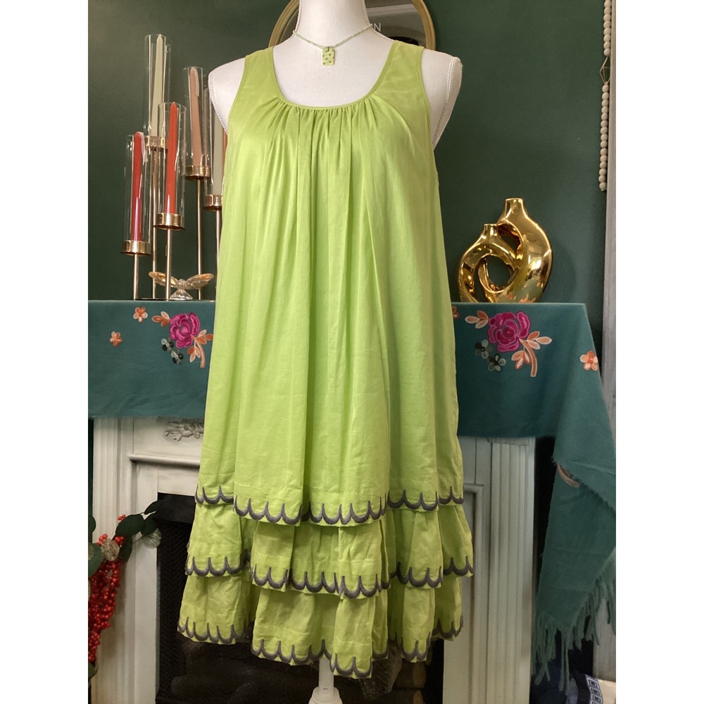 Uncle Frank Lime Green Tiered Scalloped Embroidered Cotton Babydoll Dress Medium